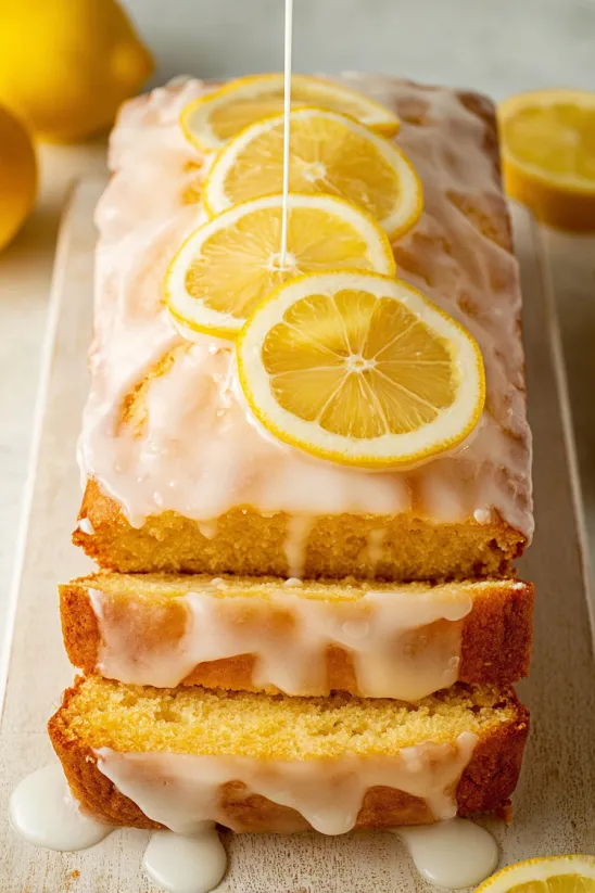 A slice of glazed lemon bread.