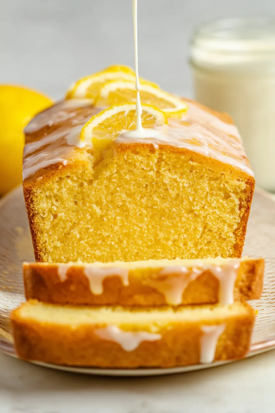 A slice of glazed lemon bread.