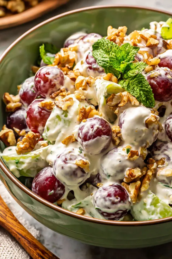A bowl of creamy grape salad with walnuts.