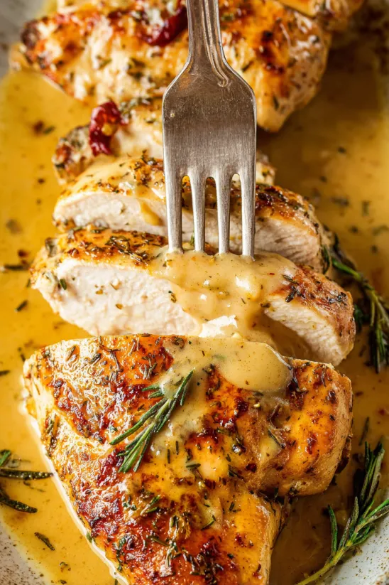 A fork is stuck in a piece of baked honey mustard chicken.