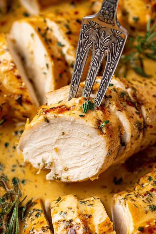 A fork is stuck in a piece of baked honey mustard chicken.
