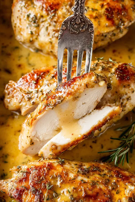 A fork is stuck in a piece of baked honey mustard chicken.