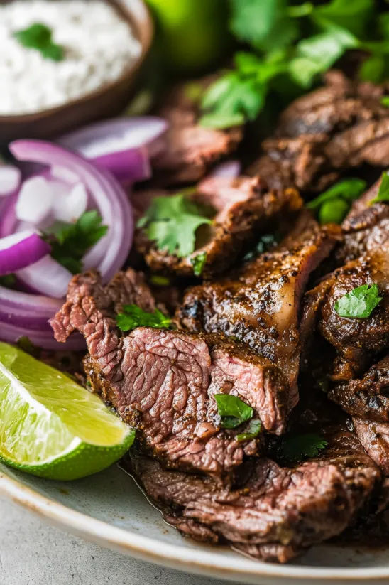A plate of meat with onions and limes.