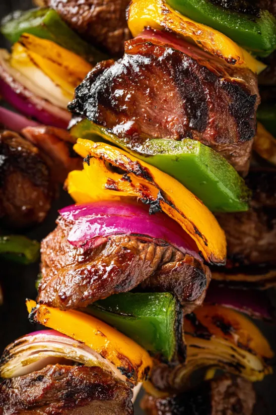 Steak kabobs with peppers and onions.