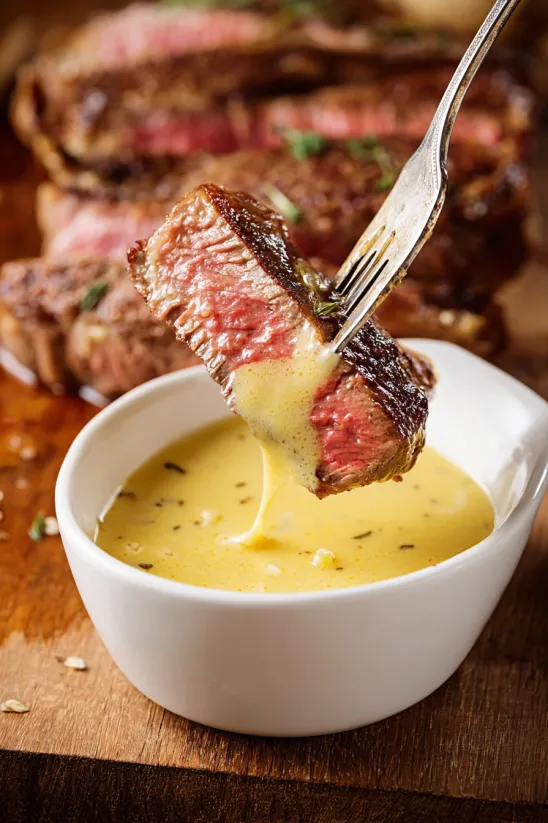 A fork is being used to dip a piece of steak into a bowl of sauce.