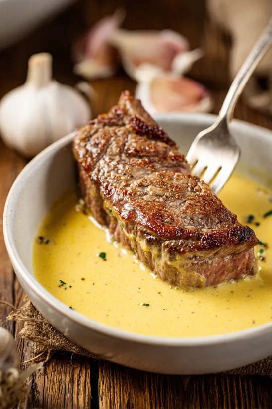 A piece of steak is served with a side of sauce.