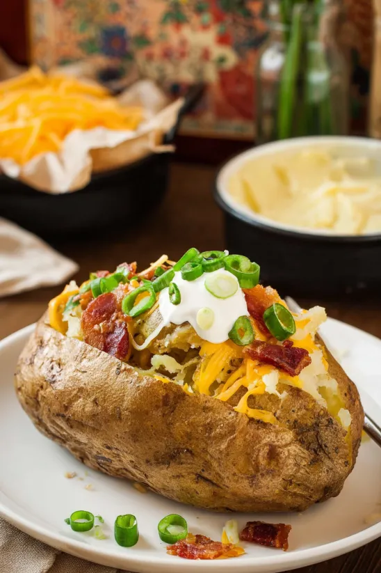 A baked potato with cheese and sour cream on top.