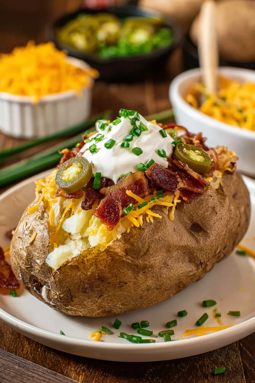 A baked potato with cheese and jalapenos on top.