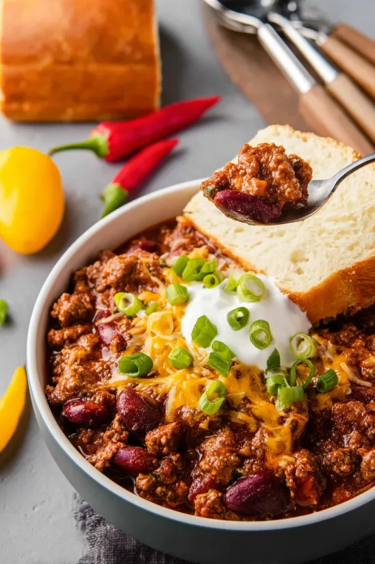 A bowl of chili with a spoon in it.