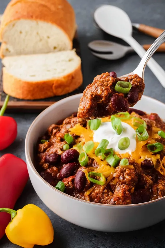 A bowl of chili with a spoon in it.