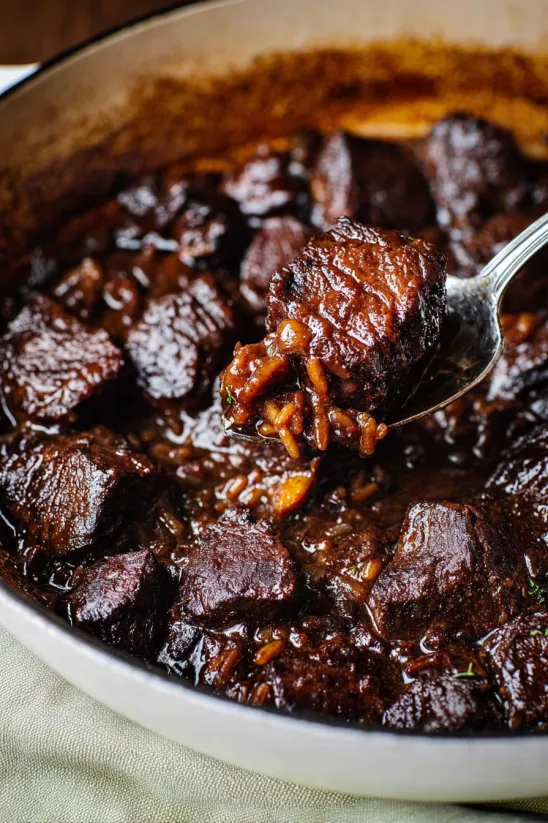 A spoon is in a bowl of chili Colorado.