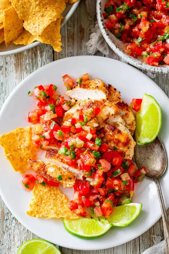 A plate of chicken with tomatoes and limes.