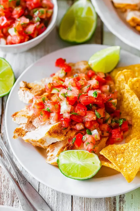 A plate of chicken with tomatoes and limes.