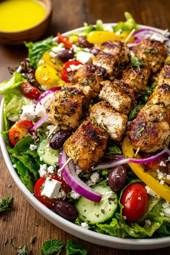 A Greek salad with chicken and tomatoes.