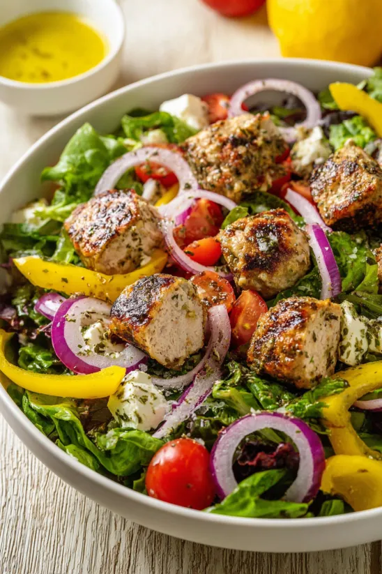 A Greek salad with meatballs and tomatoes.