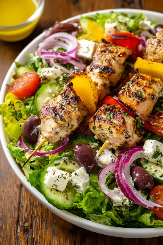 A plate of Greek salad with chicken skewers.