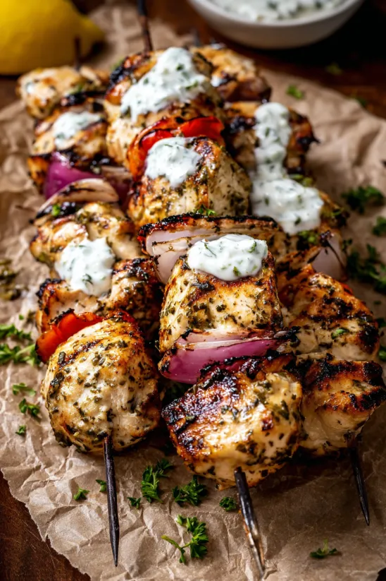 A plate of chicken skewers with white sauce and tomatoes.
