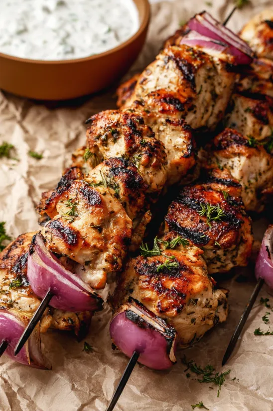 A plate of chicken skewers with onions and herbs.