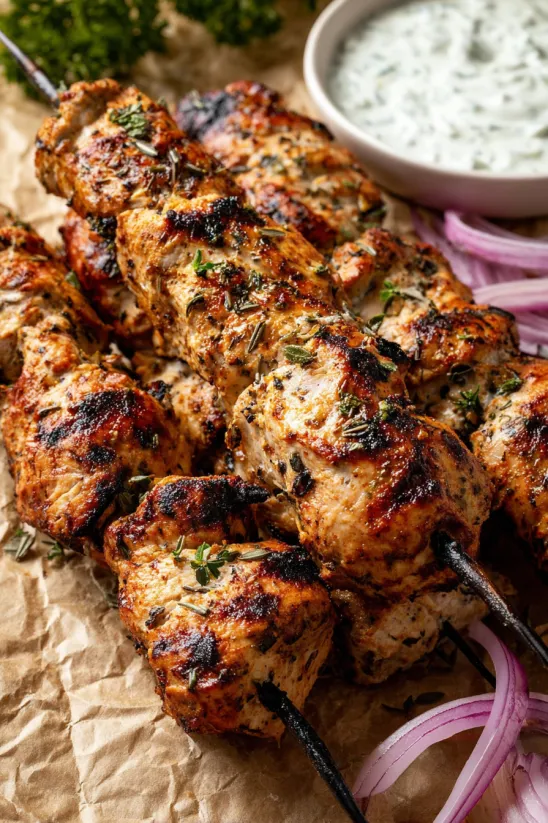A plate of grilled chicken skewers with a side of tzatziki sauce.