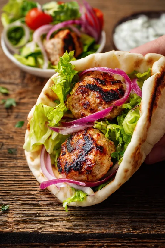A gyro with meat and onions.