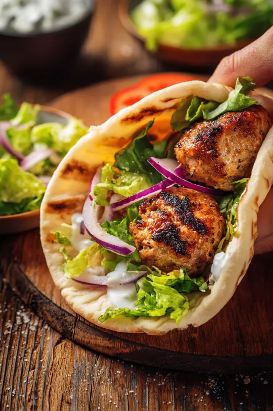A person holding a chicken gyros sandwich.