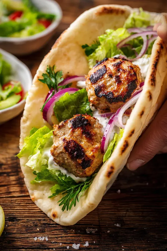 A gyro with chicken and onions.
