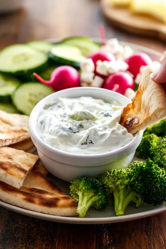 A person is scooping tzatziki sauce from a bowl.
