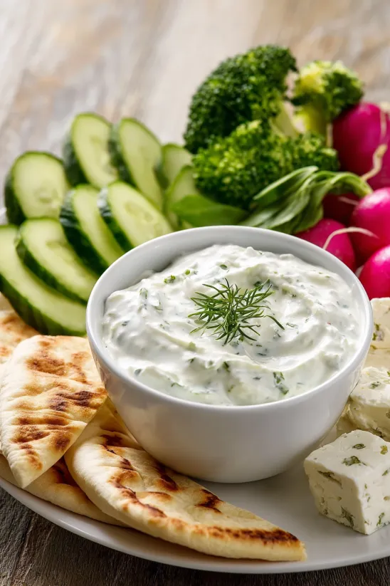 A bowl of tzatziki sauce with vegetables.