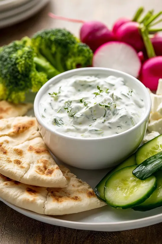 A white bowl of Tzatziki sauce.