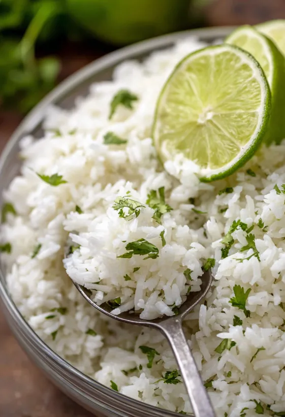 A bowl of rice with cilantro and lime.