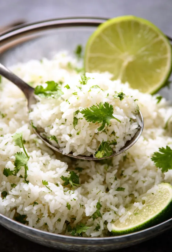 A spoonful of rice with cilantro and lime.
