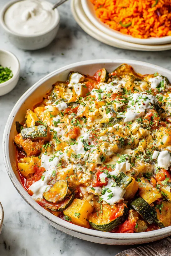 A dish of calabacitas with white sauce.