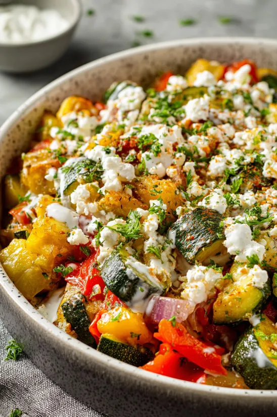A bowl of food with a variety of vegetables including squash, tomatoes, and peppers.