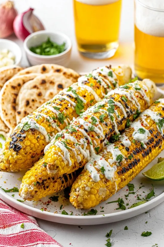 A plate of Mexican street corn with white sauce.