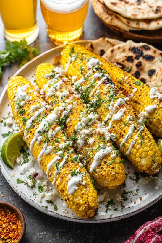 A plate of Mexican street corn with white sauce.