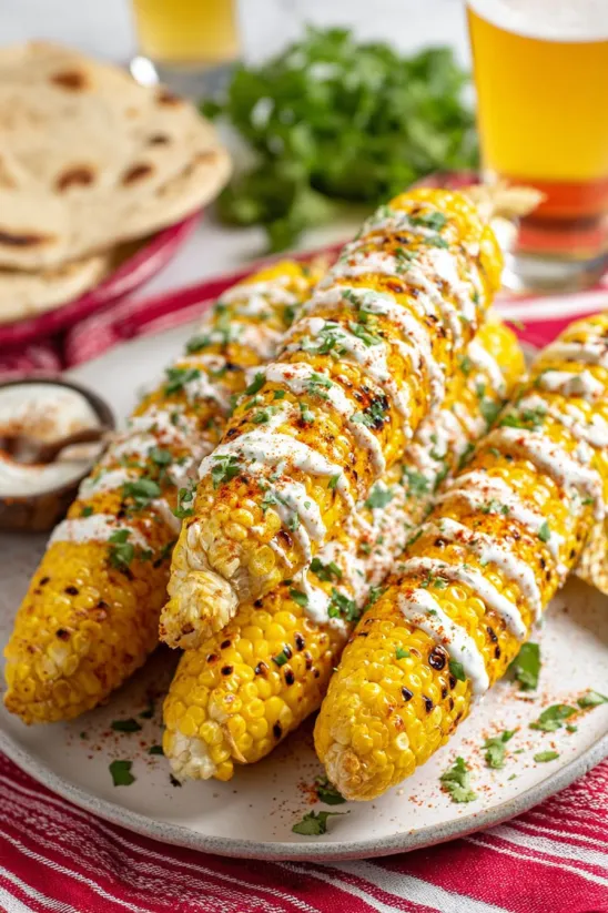 A plate of Mexican street corn with white sauce.