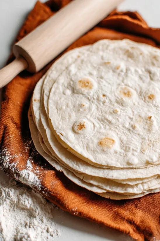 Homemade flour tortillas on a wooden cutting board.