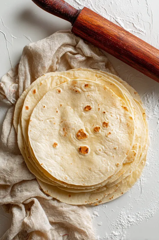 Homemade flour tortillas stacked on a table.