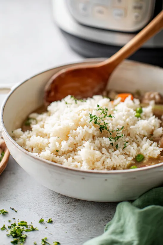 A bowl of rice with a wooden spoon in it.