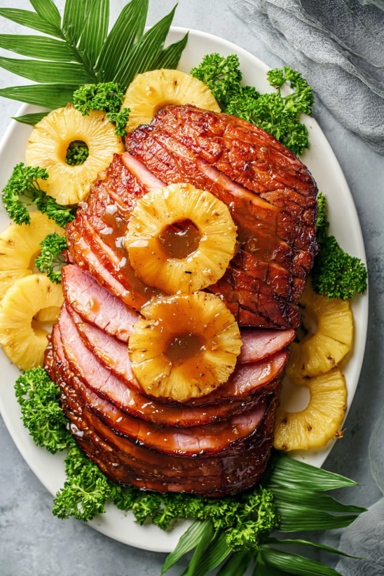 A pile of ham with pineapple slices on top.