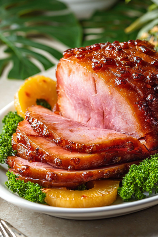 A glazed ham in a bowl.