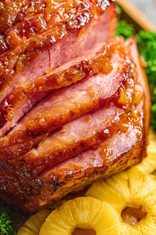 A piece of ham in a glaze.