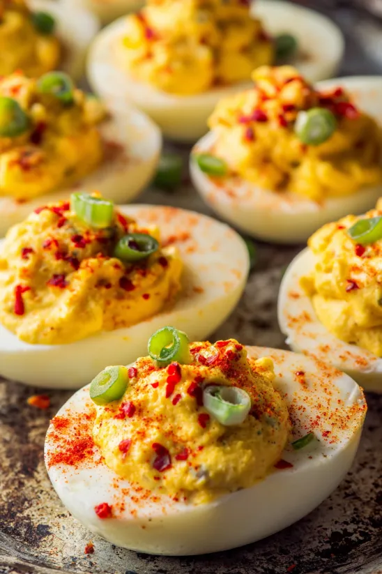 A plate of deviled eggs with pimento cheese.