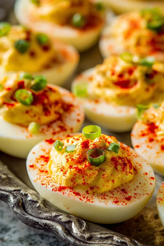 A plate of deviled eggs with pimento cheese.