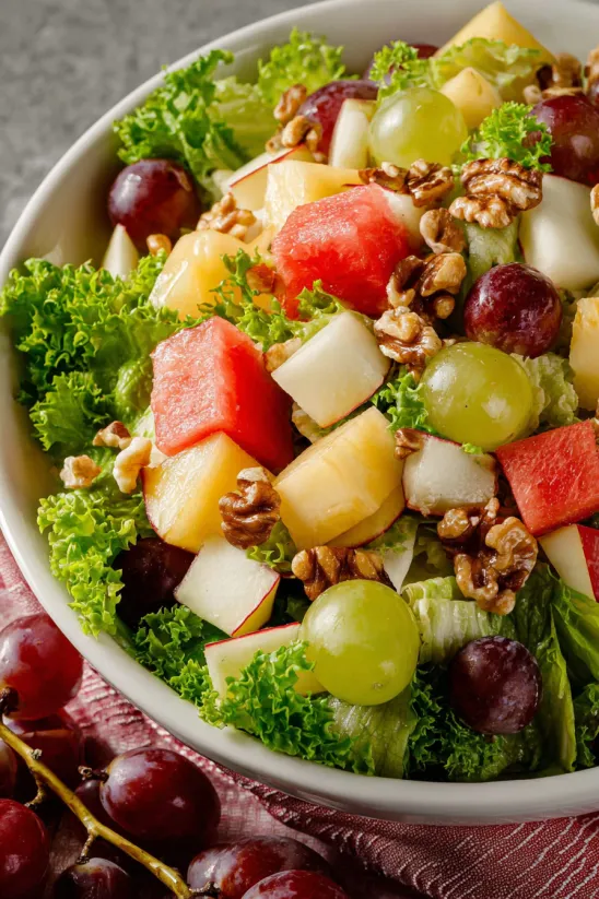 A bowl of creamy waldorf salad.