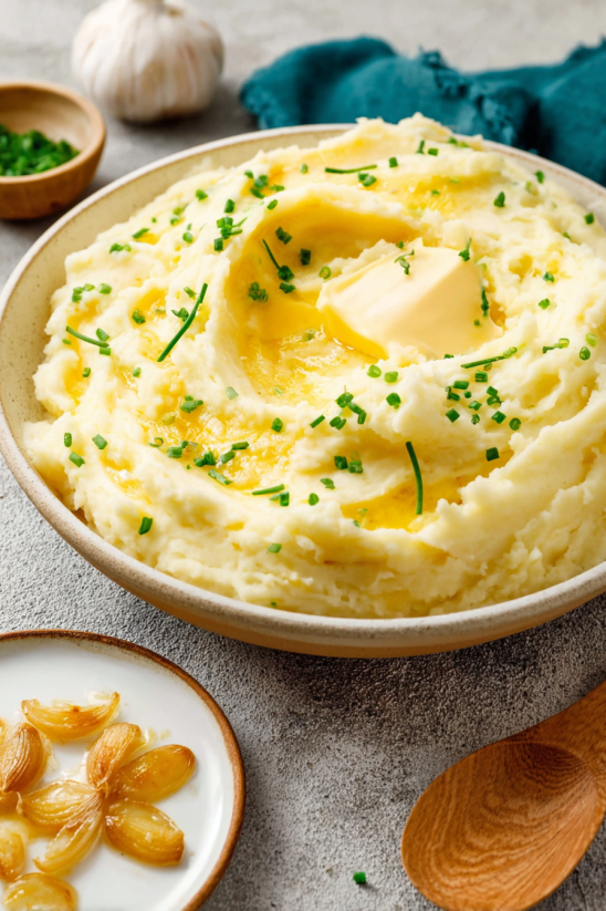 A bowl of mashed potatoes with garlic and herbs.