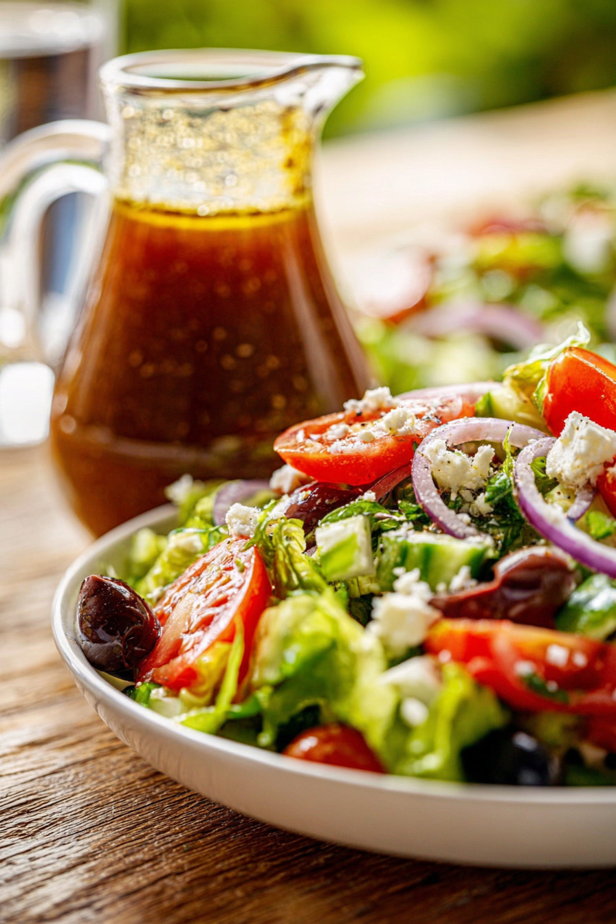 A bowl of salad with a bottle of Greek salad dressing.