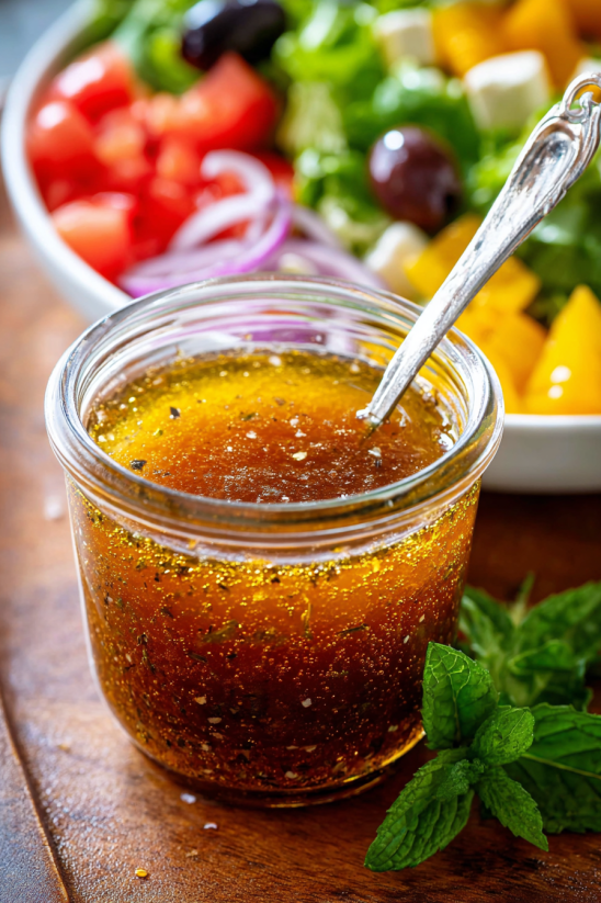 A bottle of Greek salad dressing.