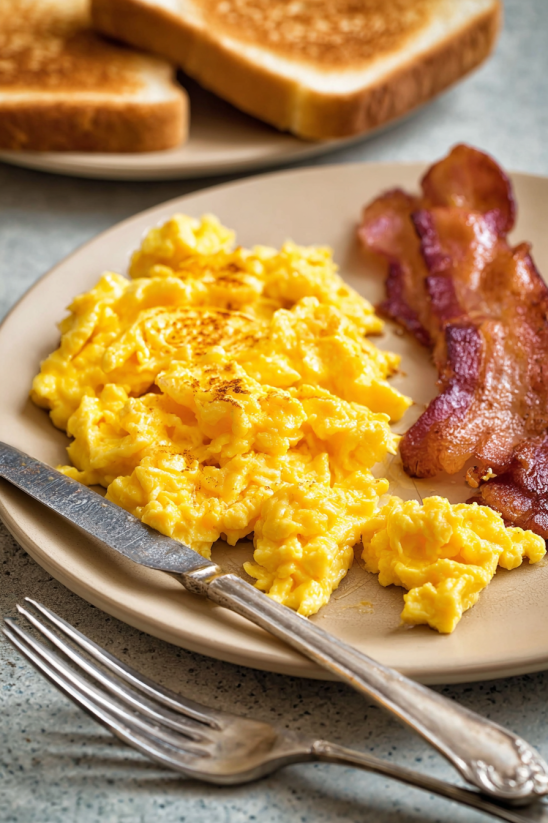 A plate of scrambled eggs with bacon.
