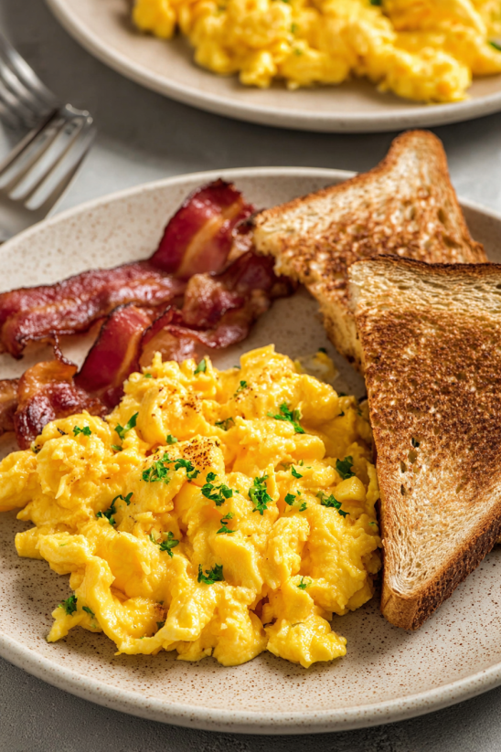 A plate of scrambled eggs with bacon and toast.